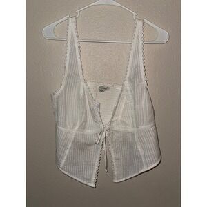 American Eagle Women White Seersucker Tie Front Tank Top Crochet Trim Large NEW